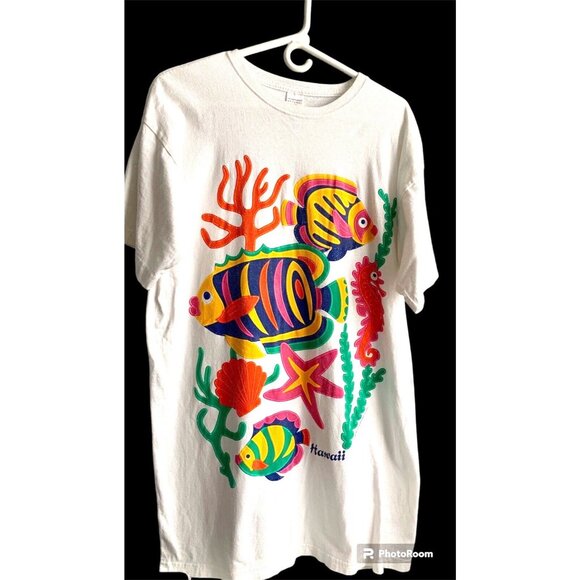 Retro 1994 Heartland Apparel T-shirt Hawaii Beach Tropical Fish Colorful OSFM - Picture 2 of 12